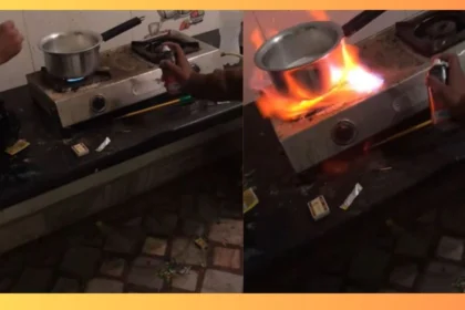 Boy sprays deodorant on gas stove