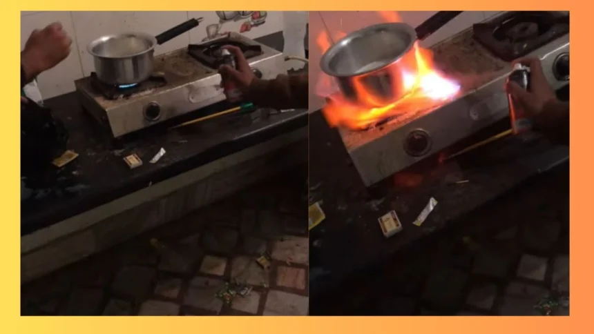 Boy sprays deodorant on gas stove