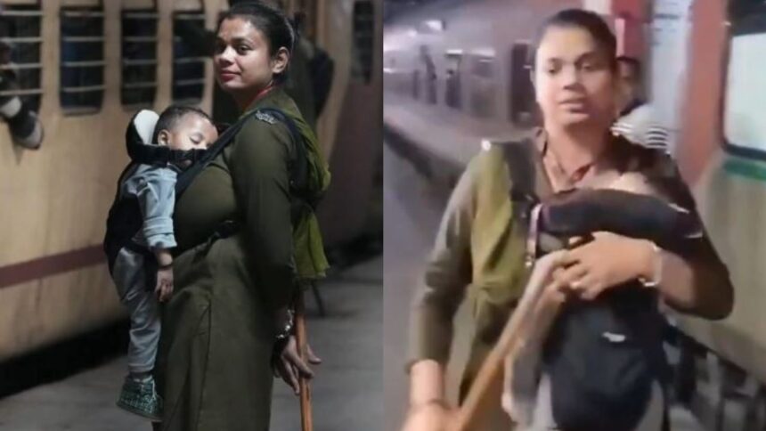 RPF woman constable carries child